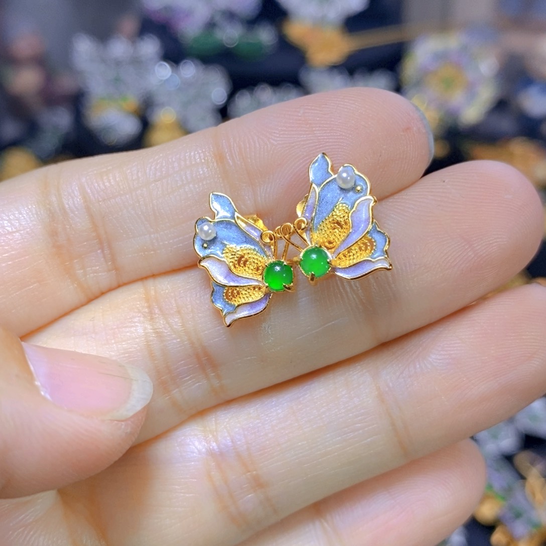 翡翠耳钉银S925镶嵌天然翡翠