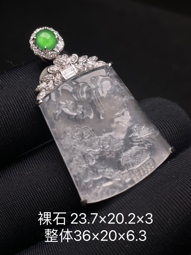 缅甸翡翠A货 冰种山水牌吊坠 简镶冰透雕刻气质挂坠精雕高冰百搭