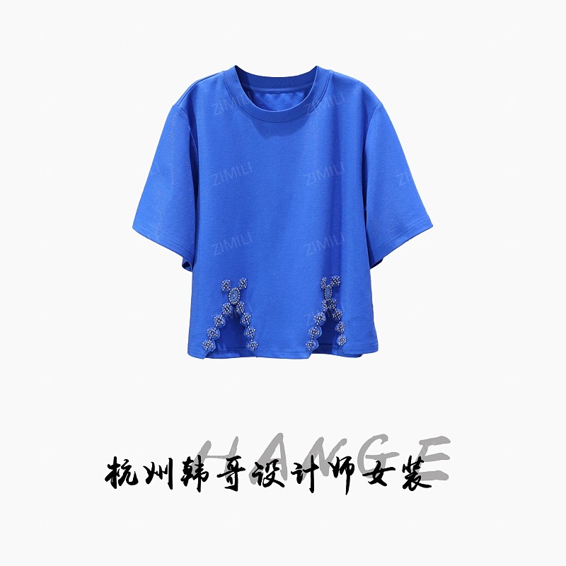 【韩哥女装】2025设计师景泰蓝钉珠时尚休闲高克重短袖9558-C8