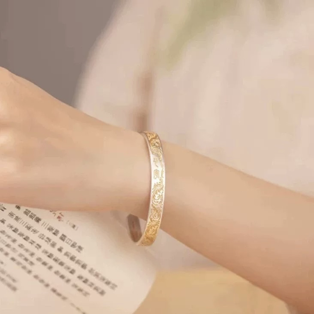 足银手镯 唐草纹平安喜乐描金开口心经纯银手镯足银999百搭时尚