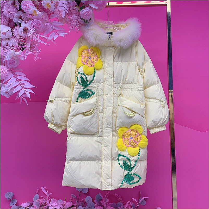 A4799欧美设计师2025冬季新款重工钉珠刺绣拼免毛花连帽羽绒外套