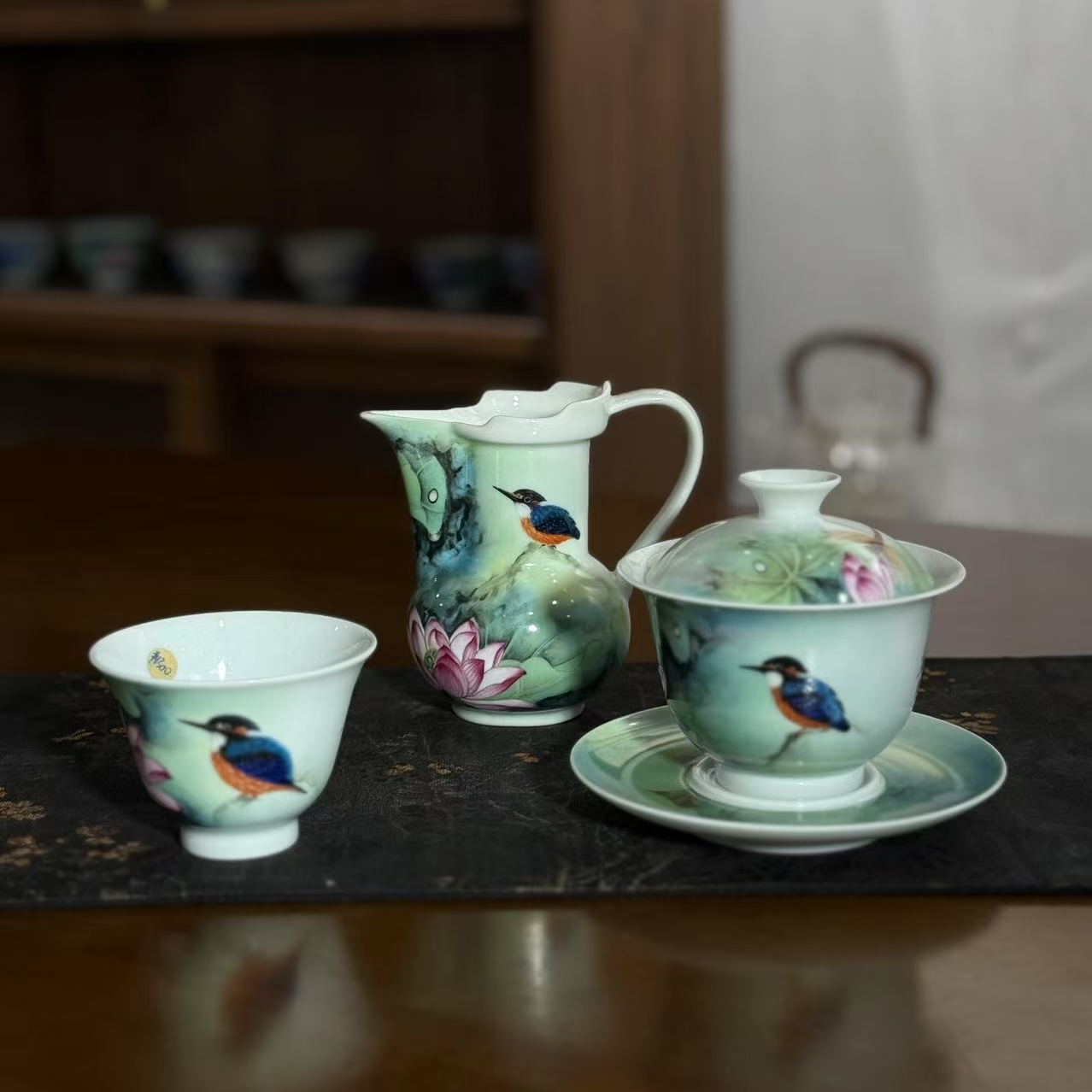 周勇兵釉上花鸟彩瓷套组盖碗公道杯品茗杯