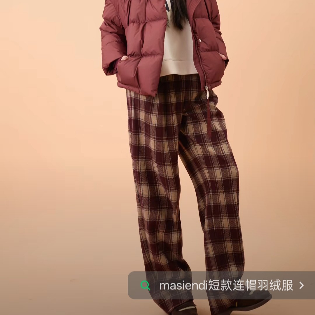 MASIENDI/玛丝恩迪秋冬厚款加绒磨毛高腰显瘦直筒格纹裤130278