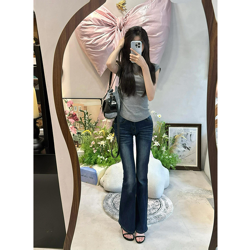 裤长112cm高个子加长美式复古低腰辣妹微喇叭女夏修身显瘦马蹄裤