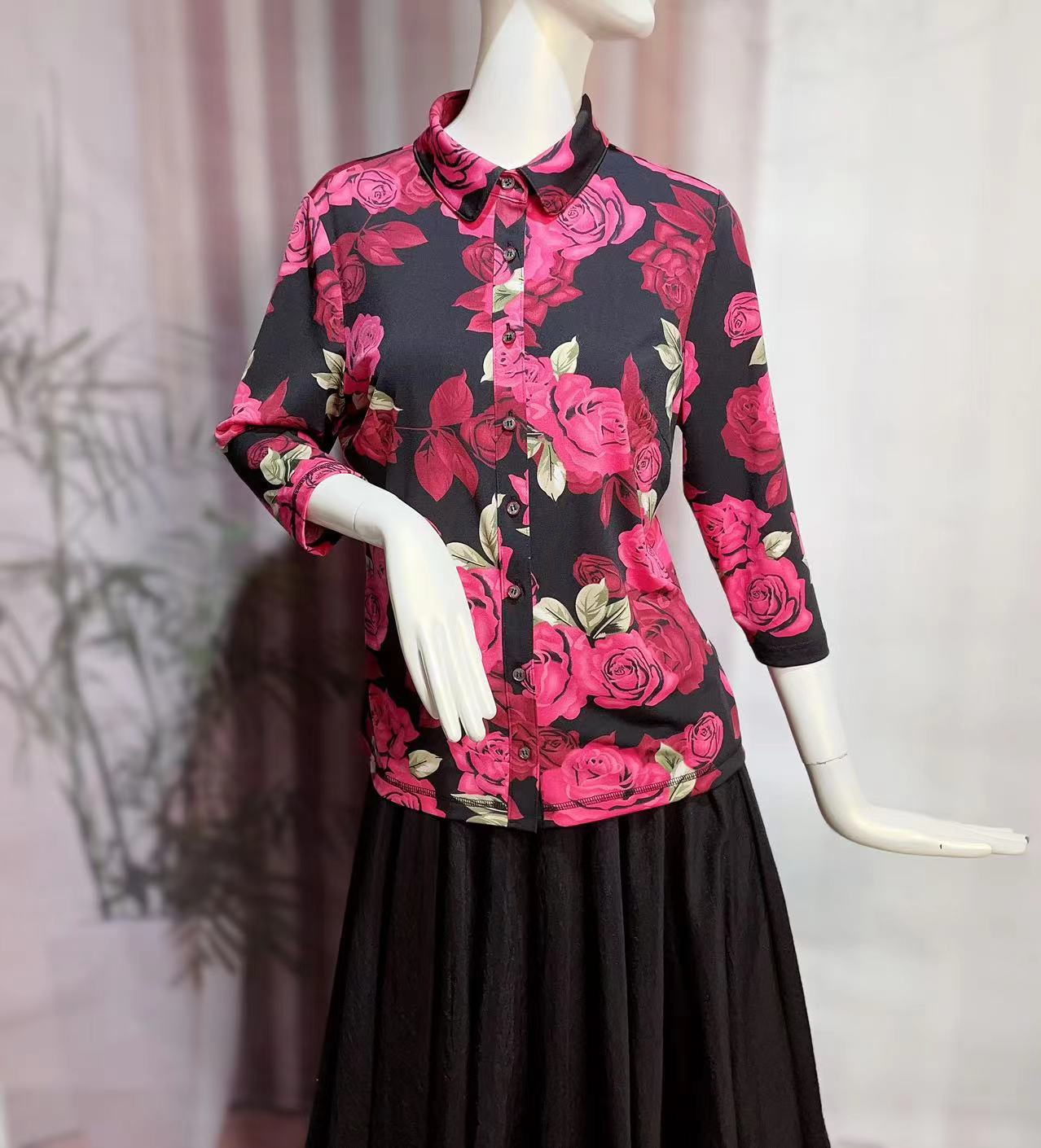 多款时尚风长袖修身碎花中老年女装立领衬衣上衣（直播链接）