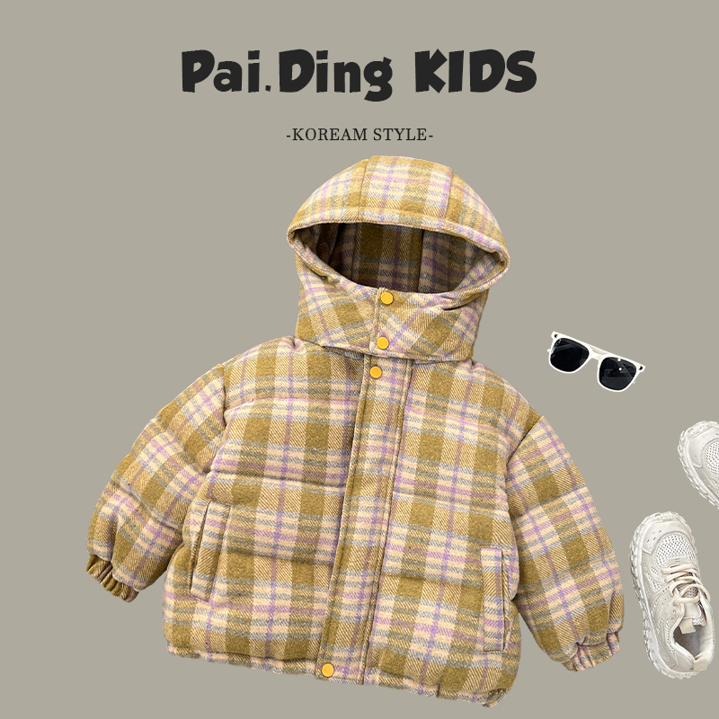 【现货】阿卷冬装儿童经典潮流格纹宽松连帽保暖日常棉服HCXZ3919