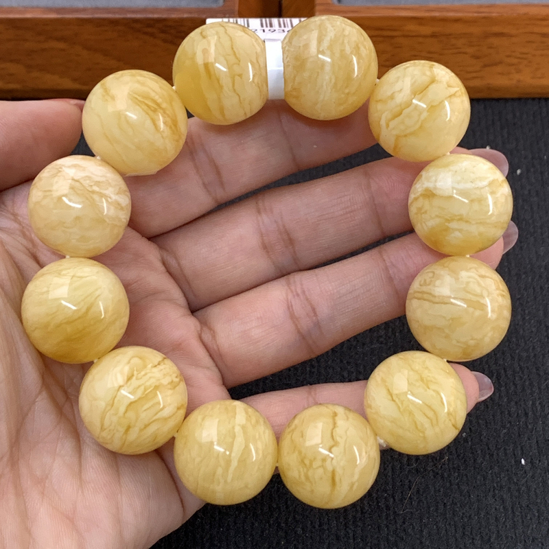212193606精工同料天然蜜蜡手串尺寸19mm浓蜡妖花纹原矿俄料