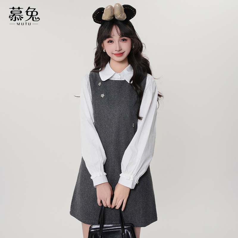 慕兔法式立体花朵背心连衣裙女2025春季新款叠穿长袖衬衫两件套装