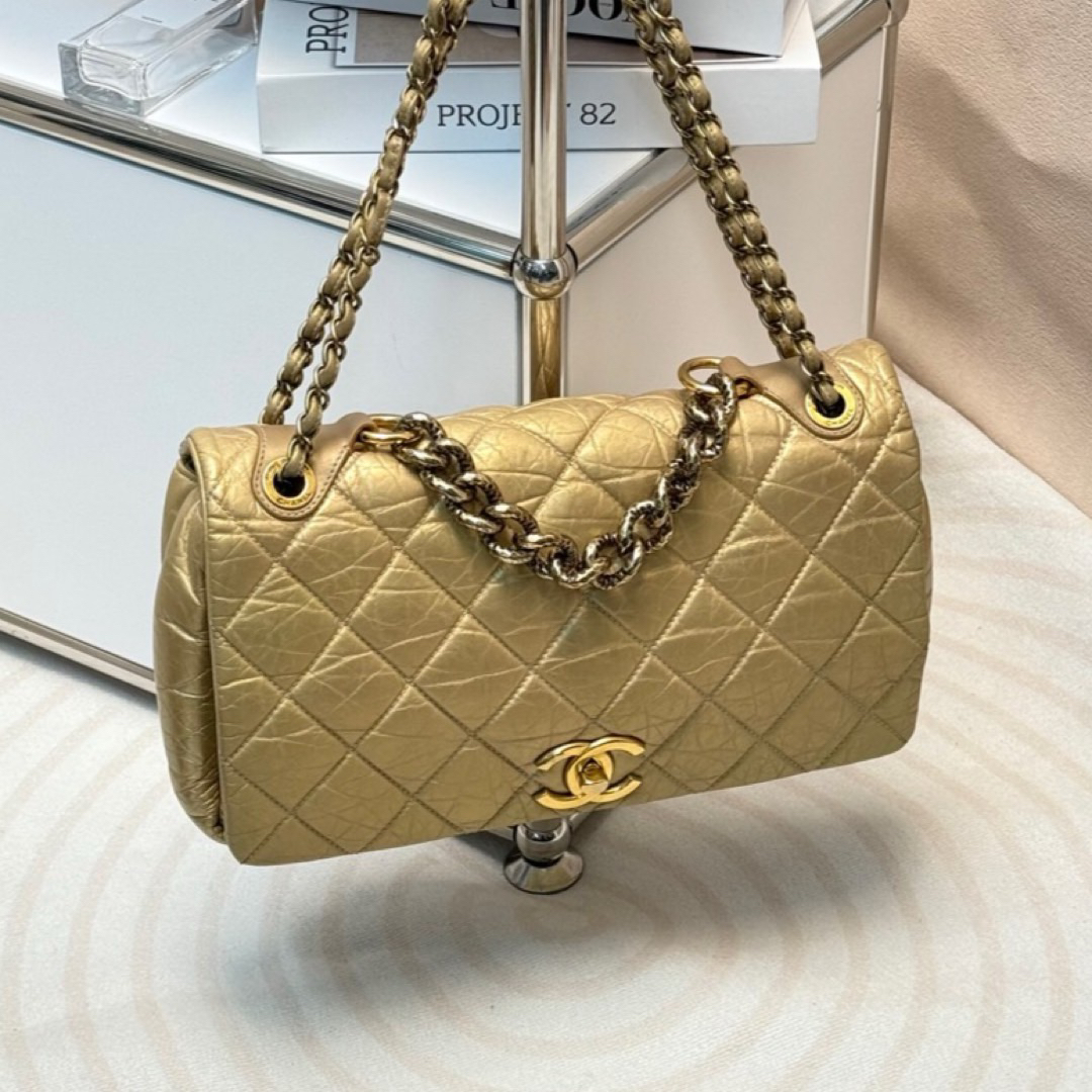 95新 Chanel/香奈儿 深金色复古牛皮熔岩孟买2way单肩包693039812