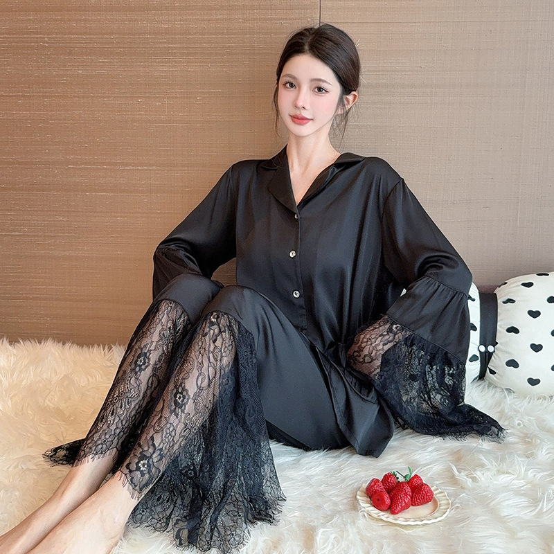 新冰丝高级感法式春夏蕾丝拼接长袖睡衣薄款仙女风贝壳口袋家居服