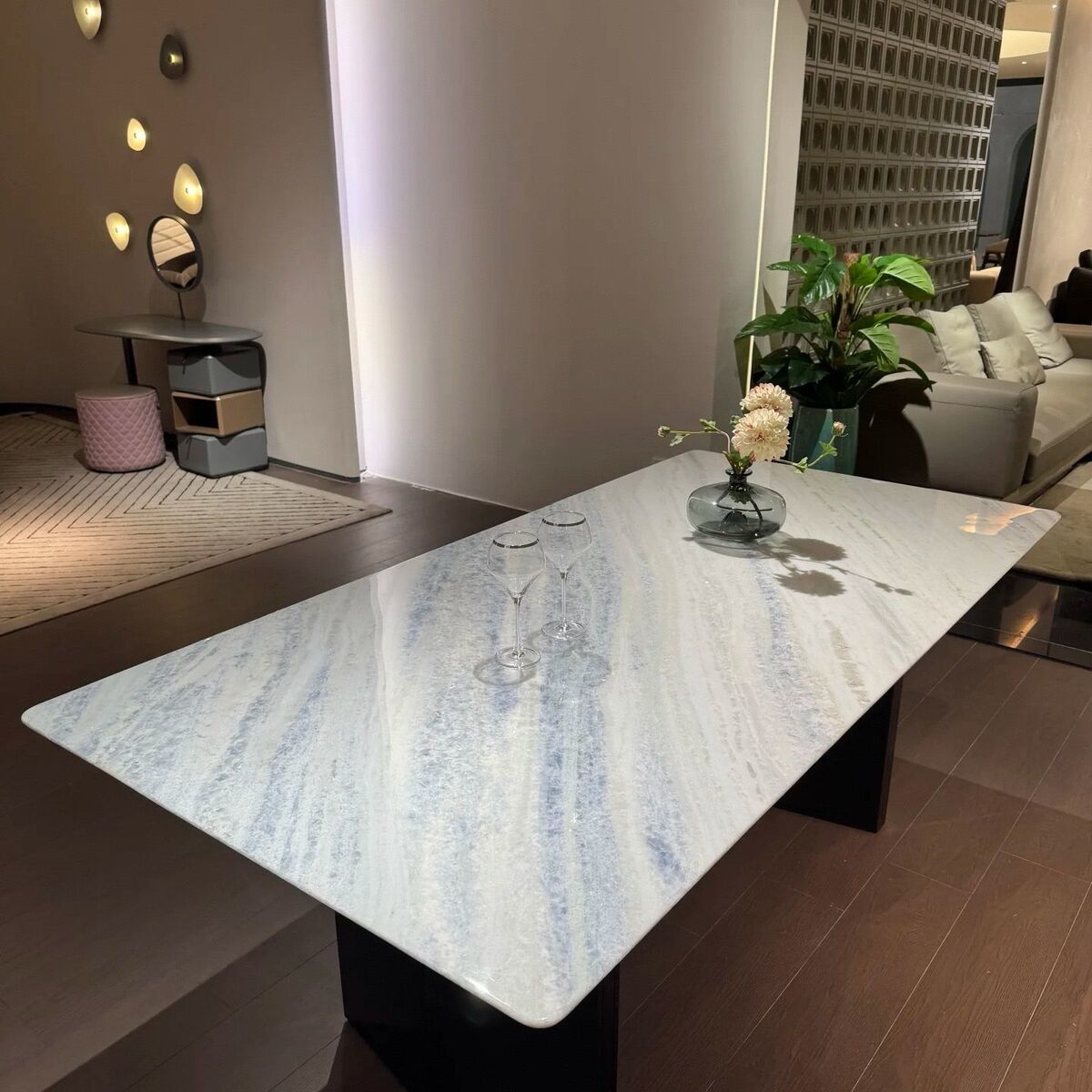 【新蓝水晶，天然奢石，假一罚十】意式轻奢极简天然大理石高档餐桌