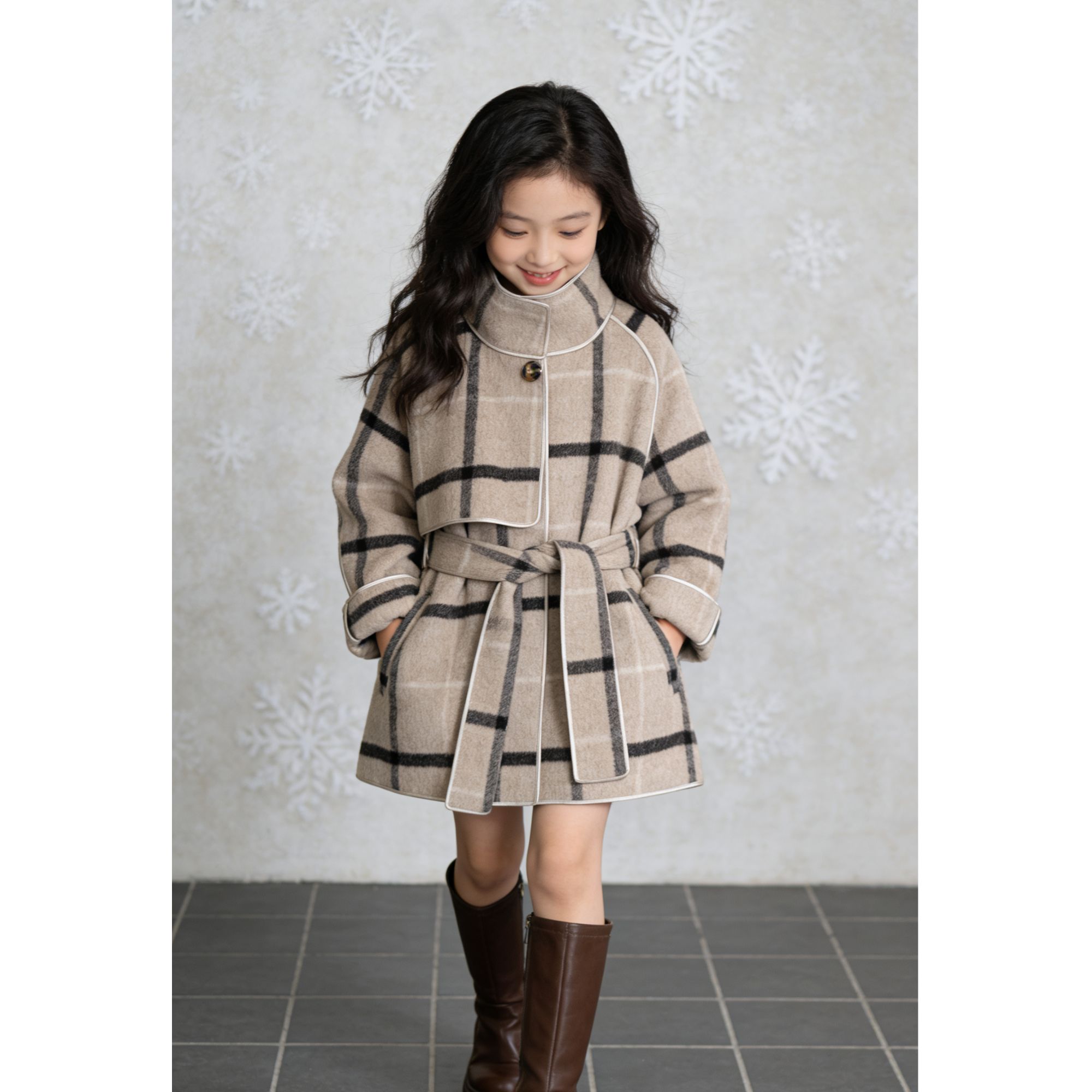 女童大衣秋冬双面呢羊毛腰带大衣外套2533