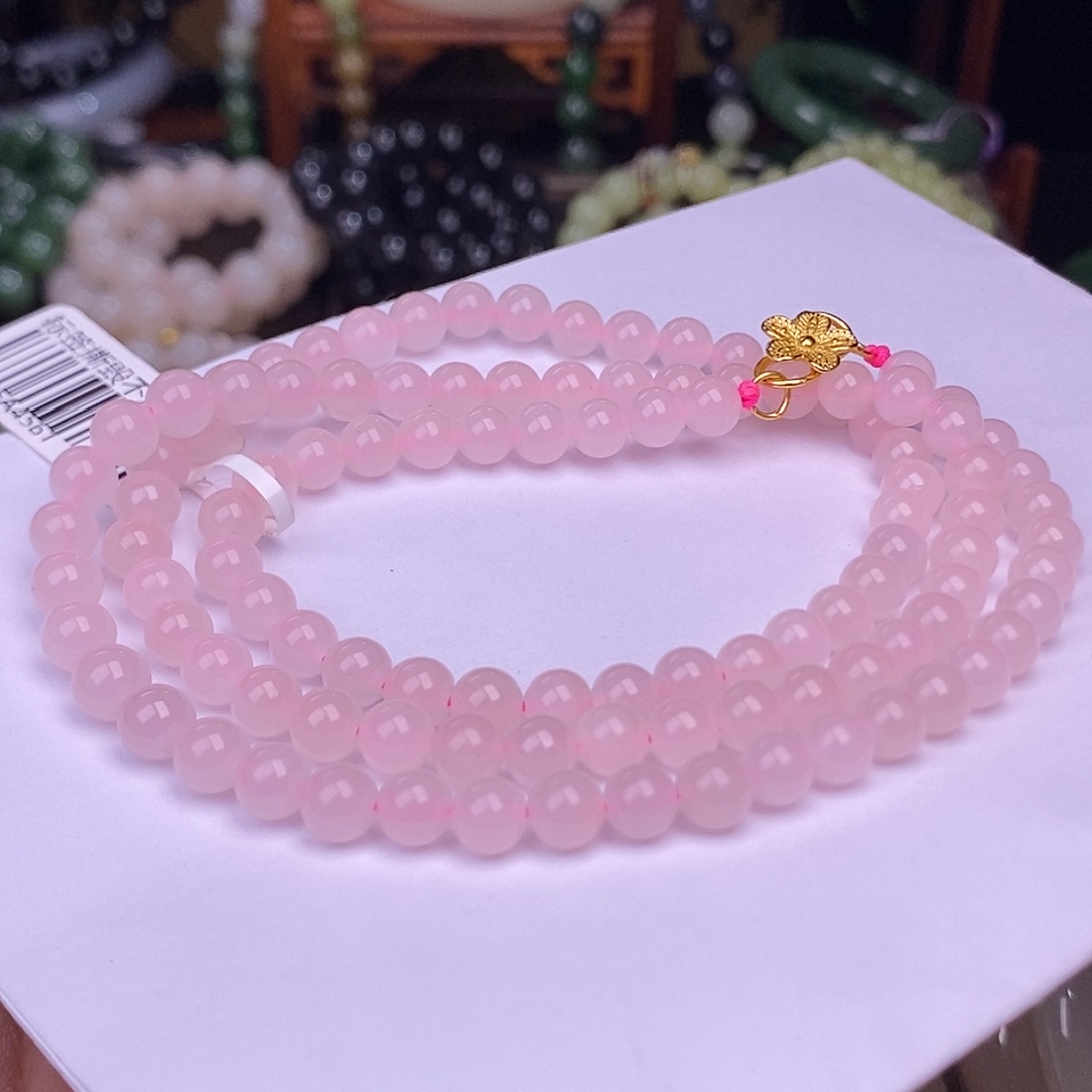 和田玉未镶嵌熟藕粉樱花粉珠串6mm