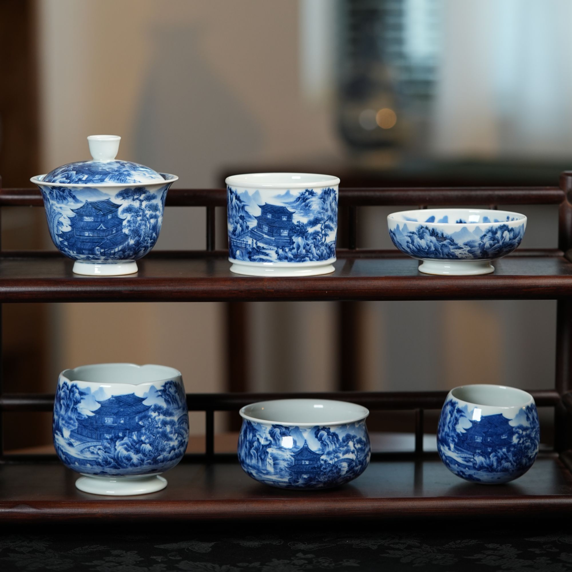 景琳藏青花瑶岛仙居北派山水  景德镇全手工 釉下彩 手绘 主人杯