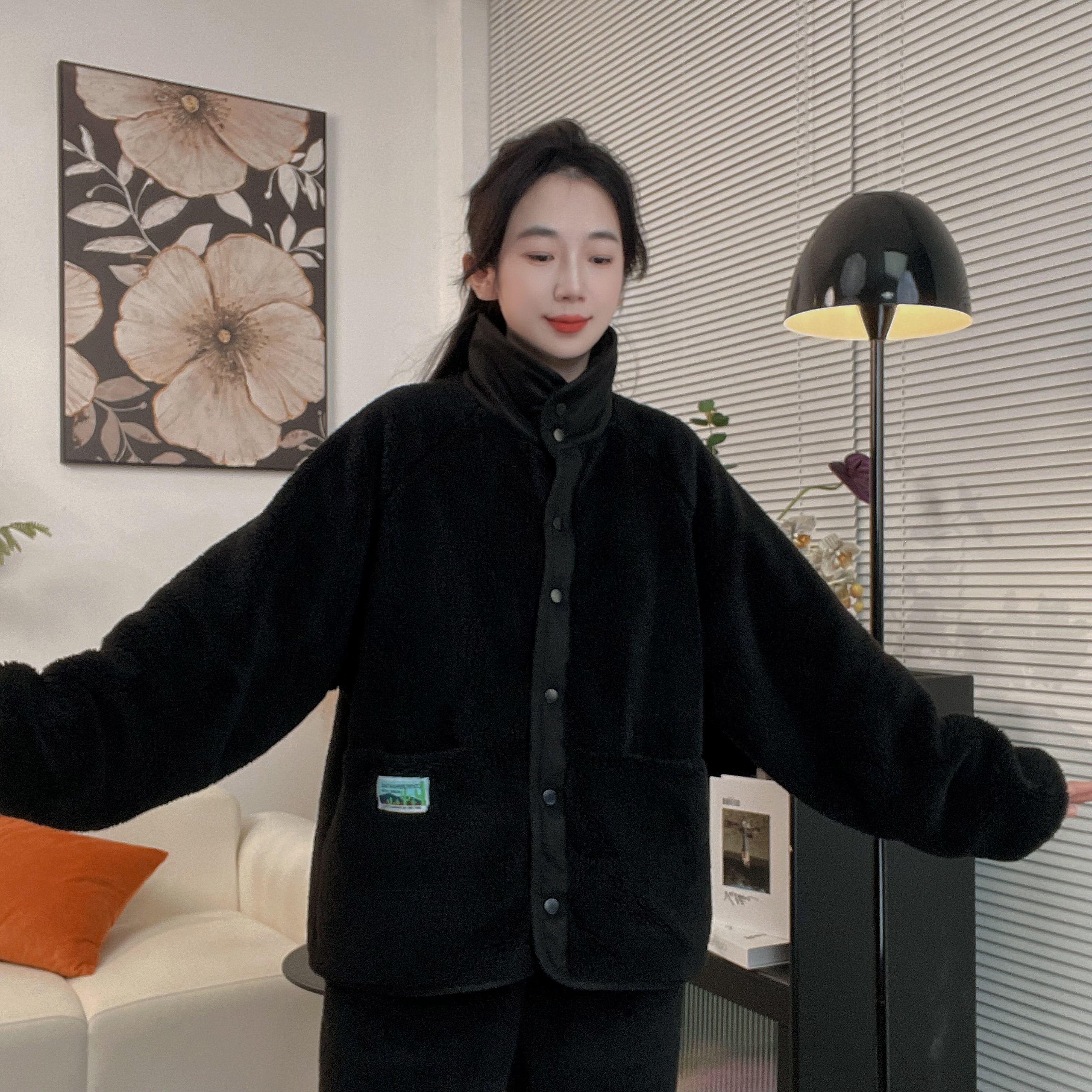 冬季纯色1000克加绒加厚保暖家居服高级感新国风套装家居服