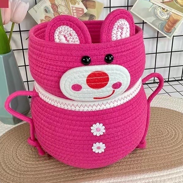 双层草莓熊可爱创意卡通纯手工编织零食收纳编织收纳筐办公室
