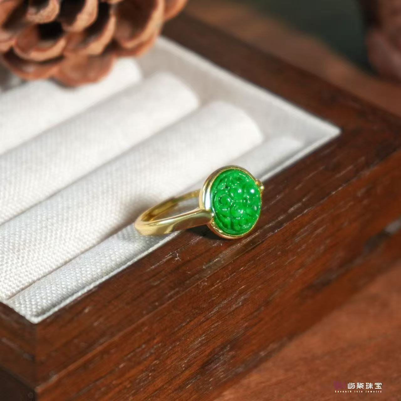 D537|寅安|翡翠银925镶嵌 干青回纹蛋面开口戒