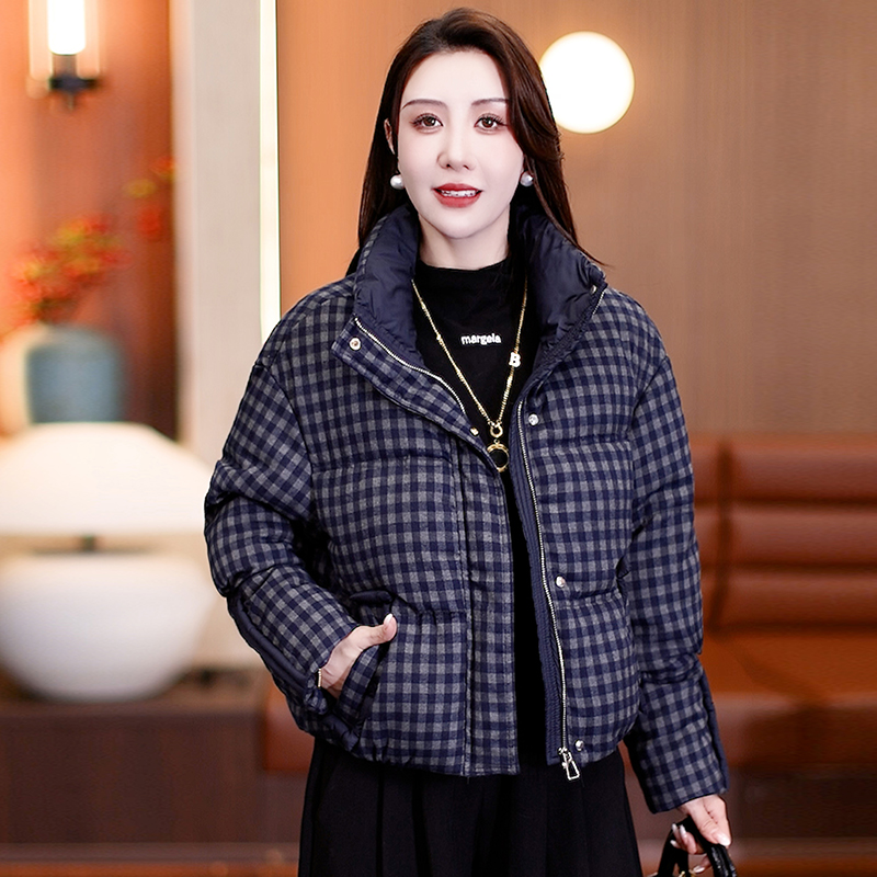 时尚正品立领短款棉服女冬季新款洋气百搭格纹拼接保暖棉衣外套