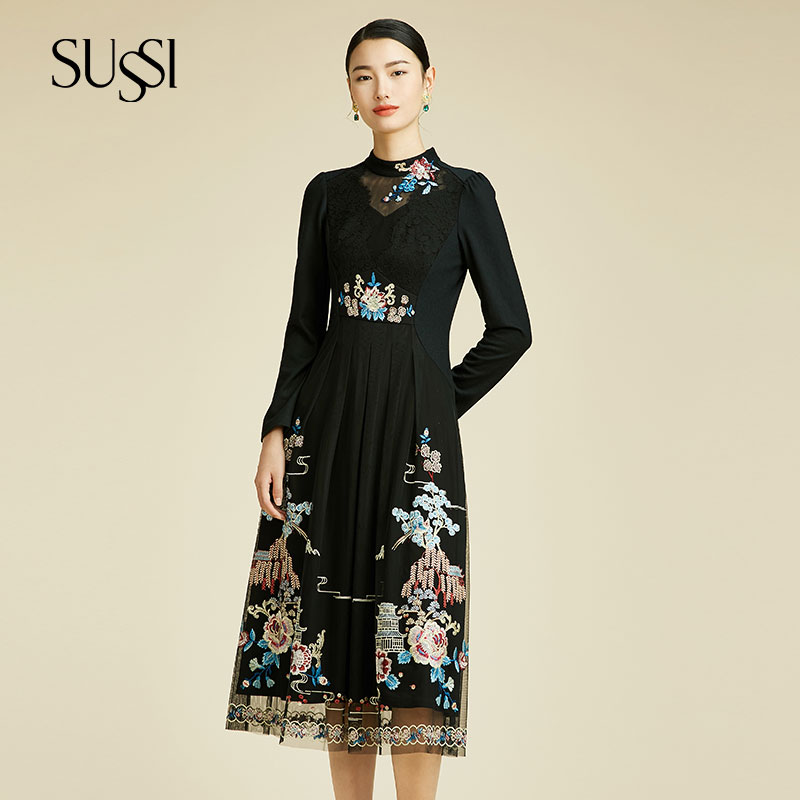 SUSSI/古色冬季新品商场同款黑色网纱刺绣立领中长款礼服