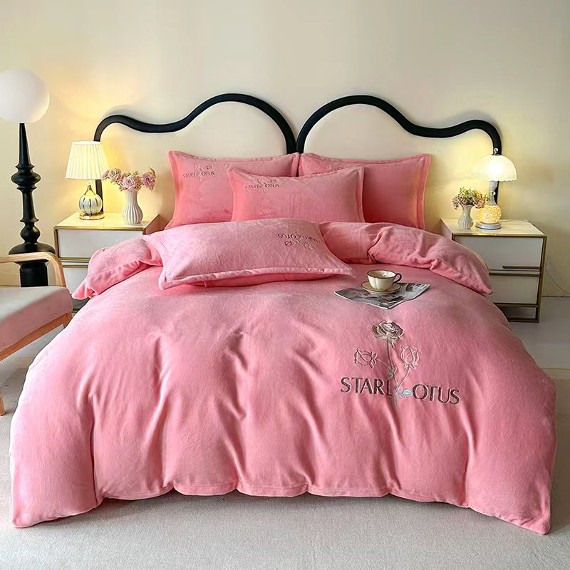 秋施/AutumnCraft 秋冬新款加厚牛奶绒刺绣床品四件套暖绒四件套