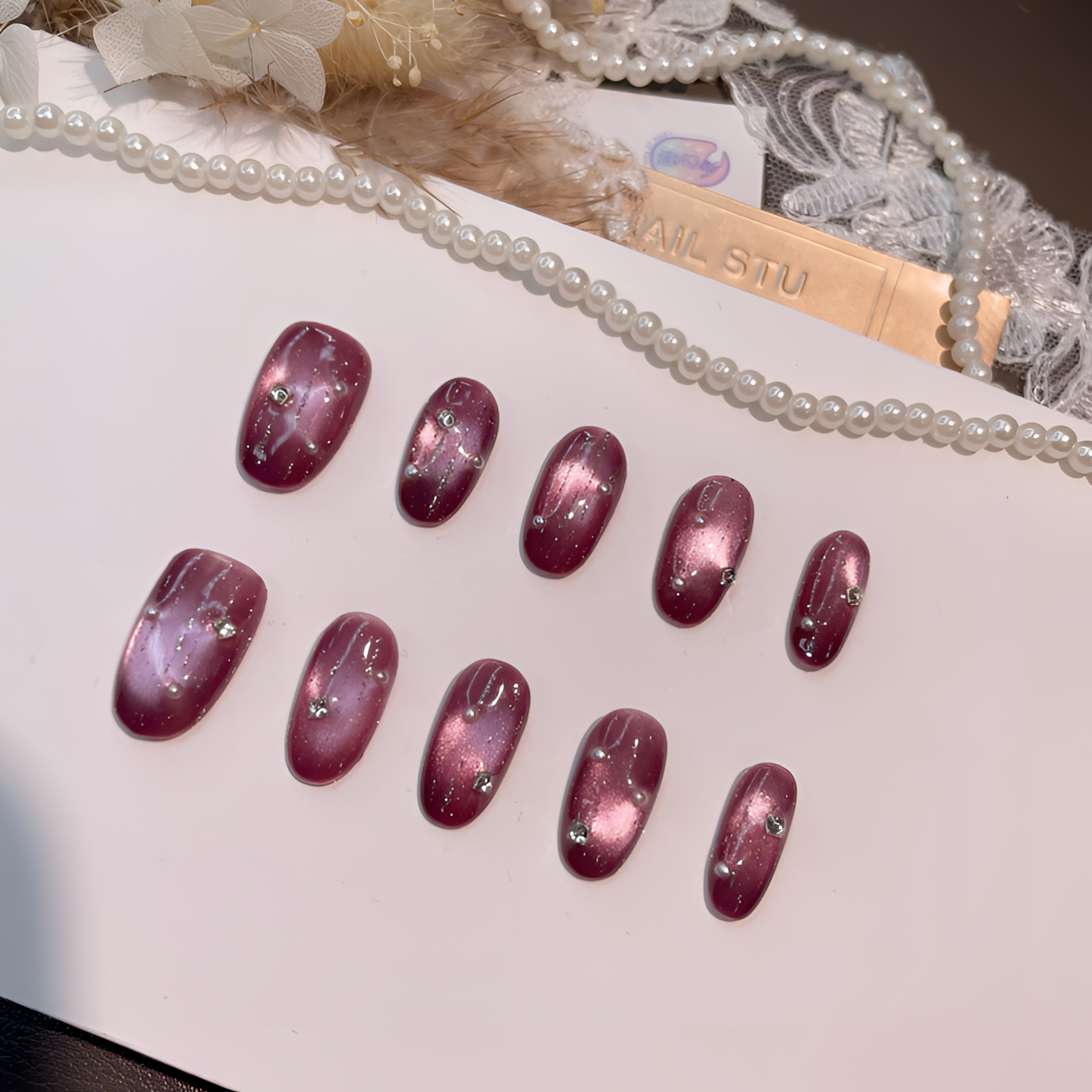 A2302『水灵萄萄』显白水润猫眼猫光银箔碎钻饰纯手工制作穿戴甲