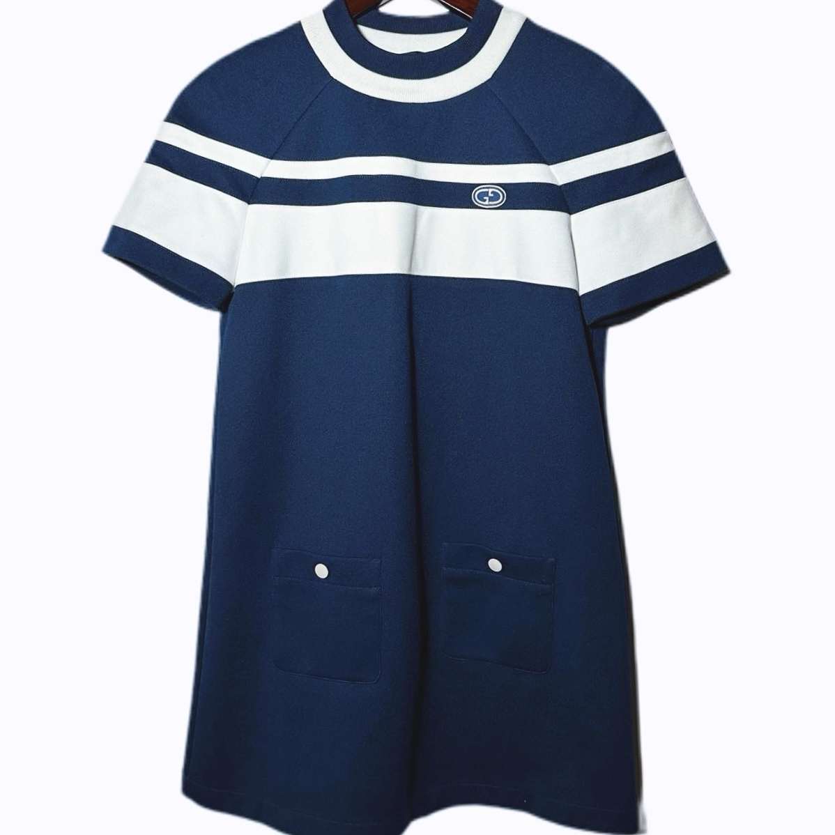 99新 GUCCI/古驰 蓝色双G条纹短袖连衣裙 XS码 00016 
