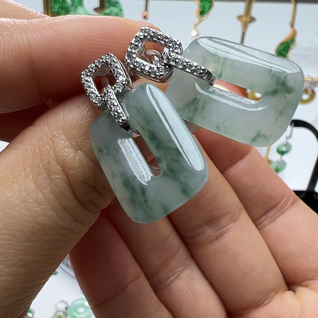翡翠银S925镶嵌耳饰天然缅甸A货翡翠
