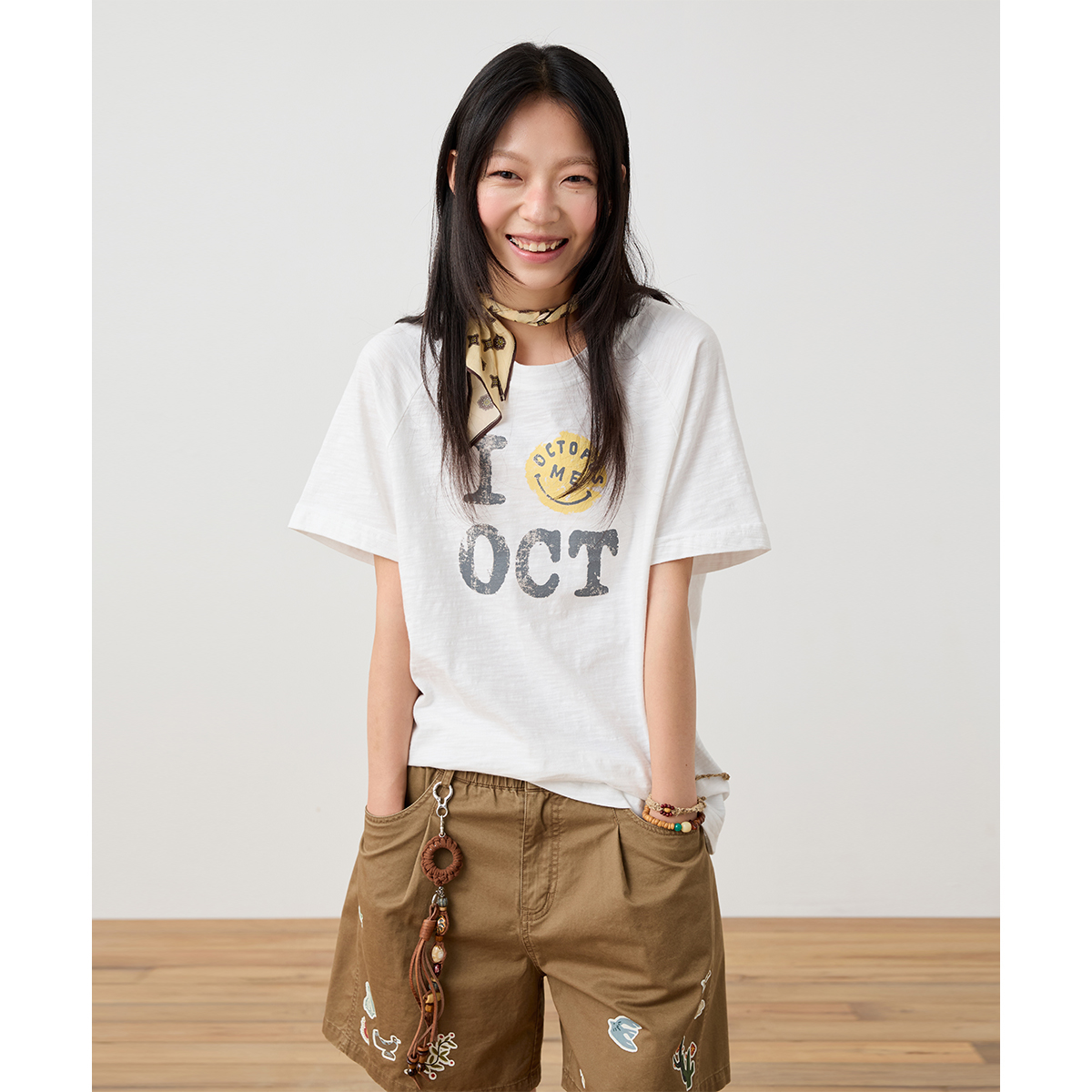 章鱼家【做旧感】OCT笑脸印花纯棉休闲圆领插肩袖宽松T恤octopusme