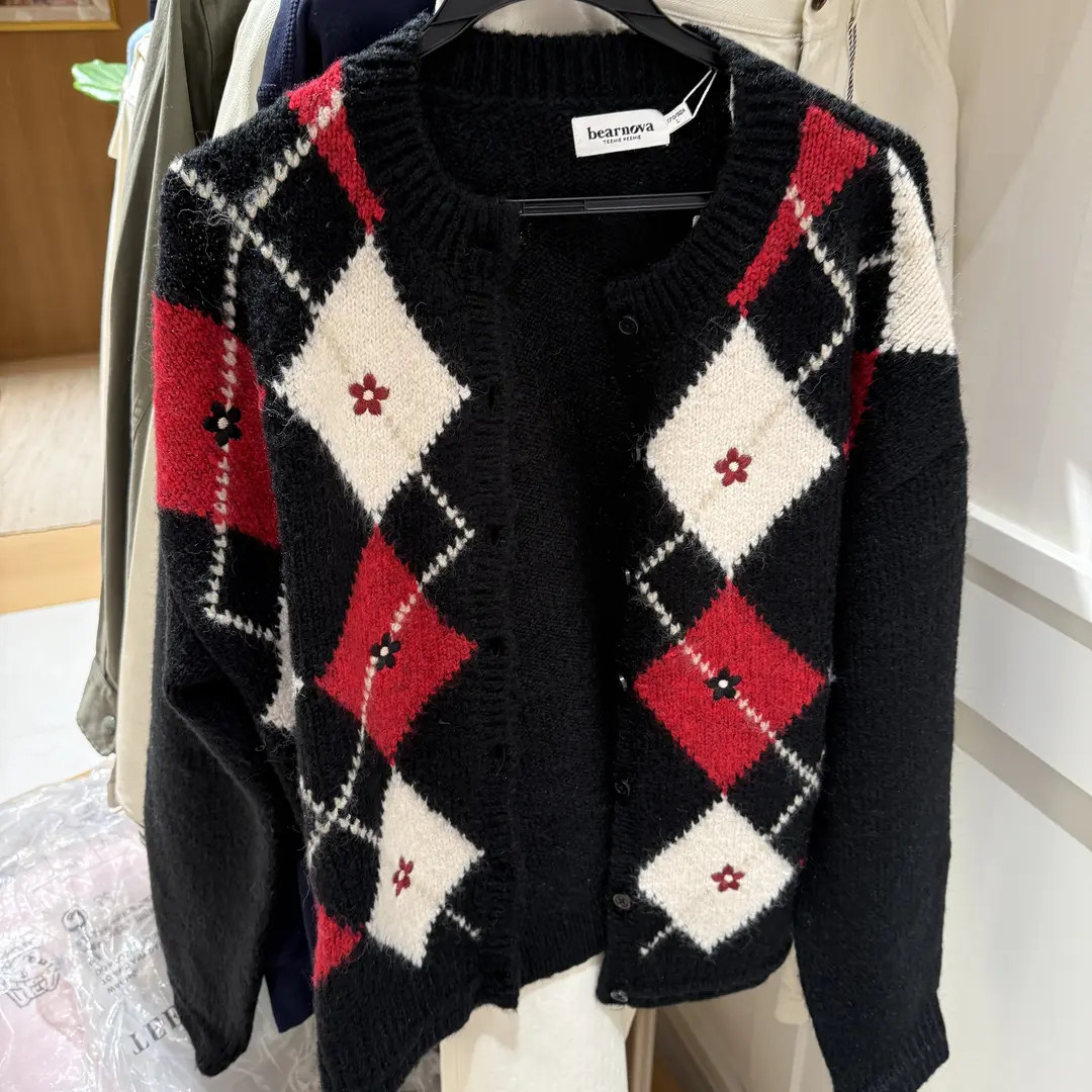 teenieweenie宽松针织圆领开衫百搭款女秋冬菱格菱形YTCK254CL4A