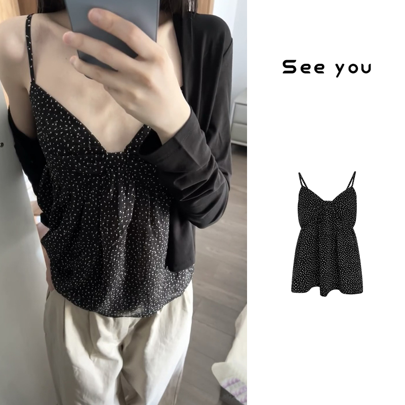法式波点蝴蝶结抹胸v领吊带上衣雪纺清凉感背心X1072