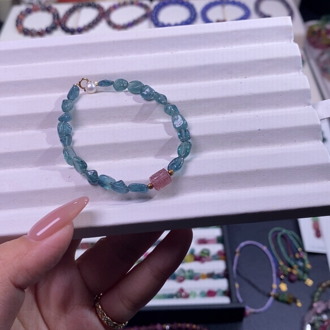 未镶嵌手链碧玺碧玺蓝原石豆豆