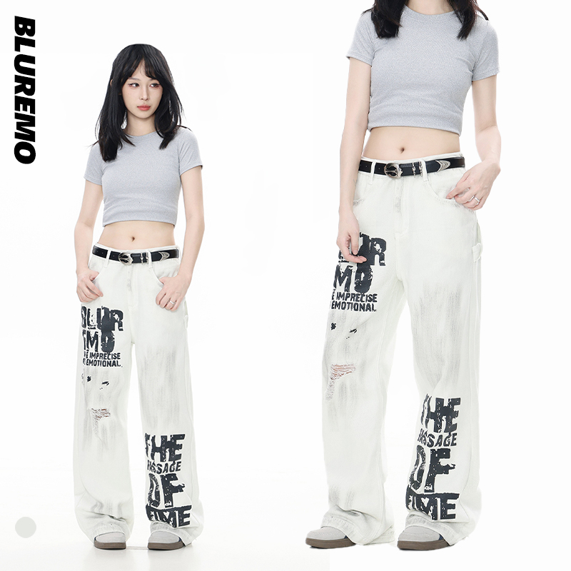 BLUREMO/模糊情绪夏季新品美式复古破洞撞色字母百搭休闲牛仔裤潮