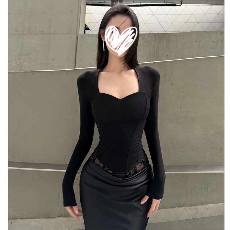 气质辣妹方领鱼骨坎肩内搭长袖T恤女装秋冬修身显瘦百搭打底上衣