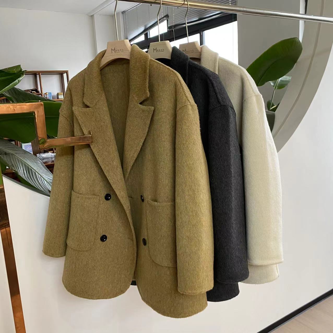 韩系短款四粒扣双面羊毛大衣时尚百搭毛呢外套大衣
