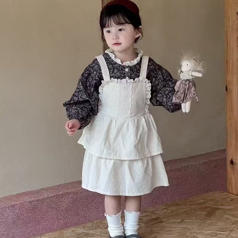 秋冬新款韩版女童碎花长袖森系花边衬衫