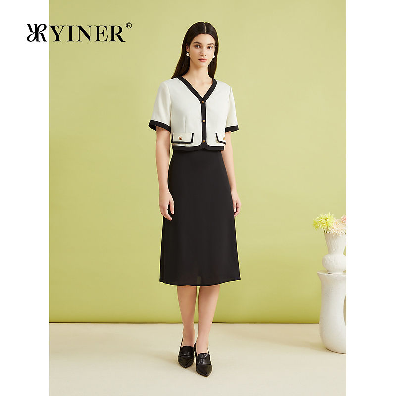 YINER音儿专选女装夏季时尚法式撞色v领假两件优雅气质连衣裙