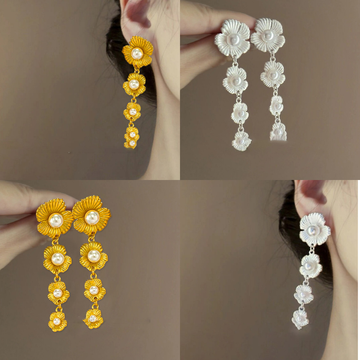 铜合金耳饰 珍珠花朵哑光流苏耳环轻奢高级感耳钉欧美复古