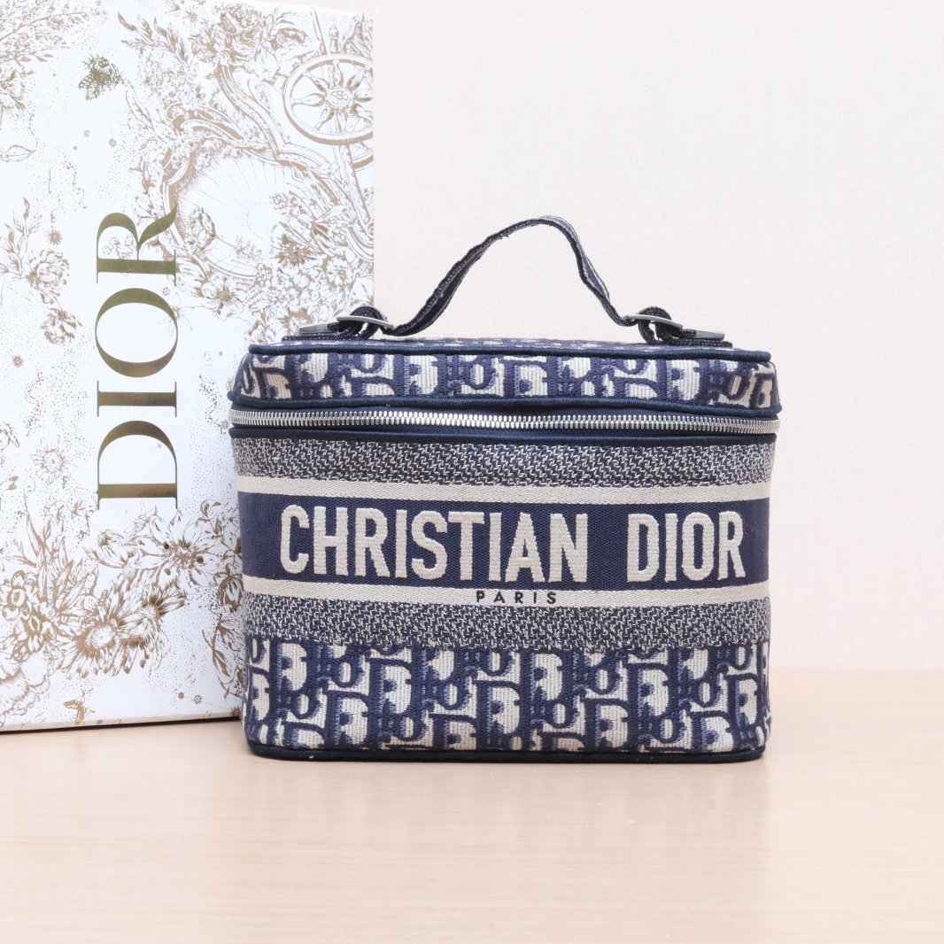 99新 DIOR/迪奥 小花攀攀 化妆包 大号 24 墨蓝色 银扣 2020