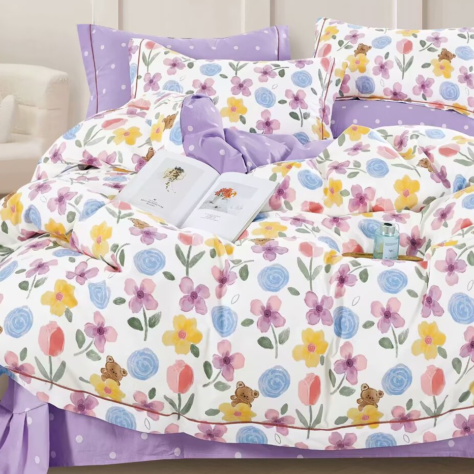 文文家纺 纯棉精梳棉床单被套全棉床品 紫色花园