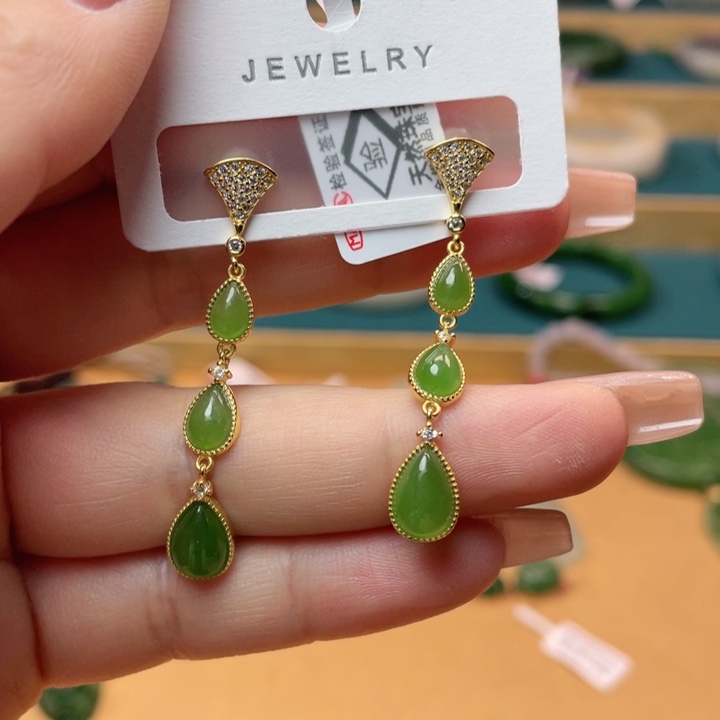 和田玉耳钉银S925镶嵌