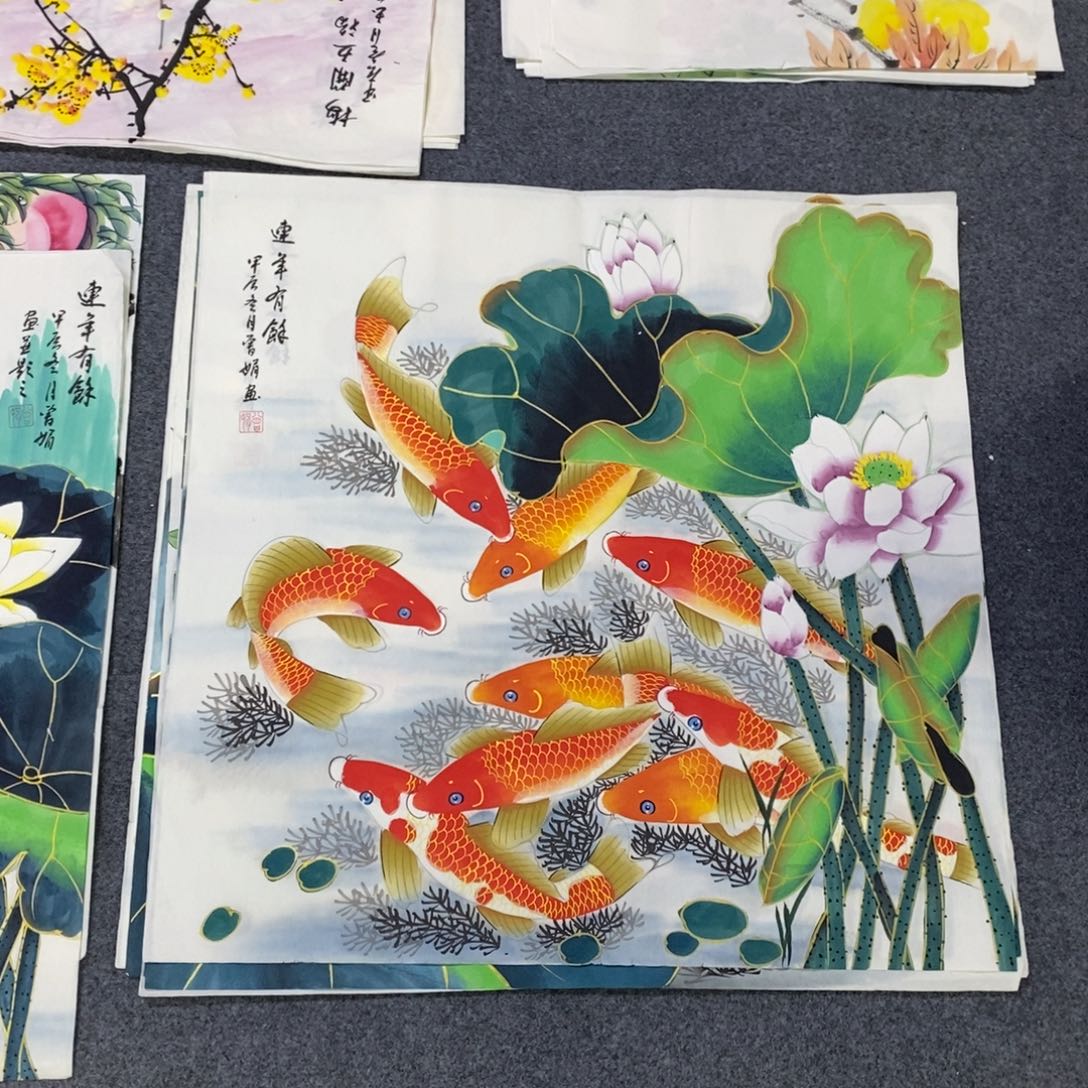 国画68✖️68金线荷花九鱼四尺斗方画