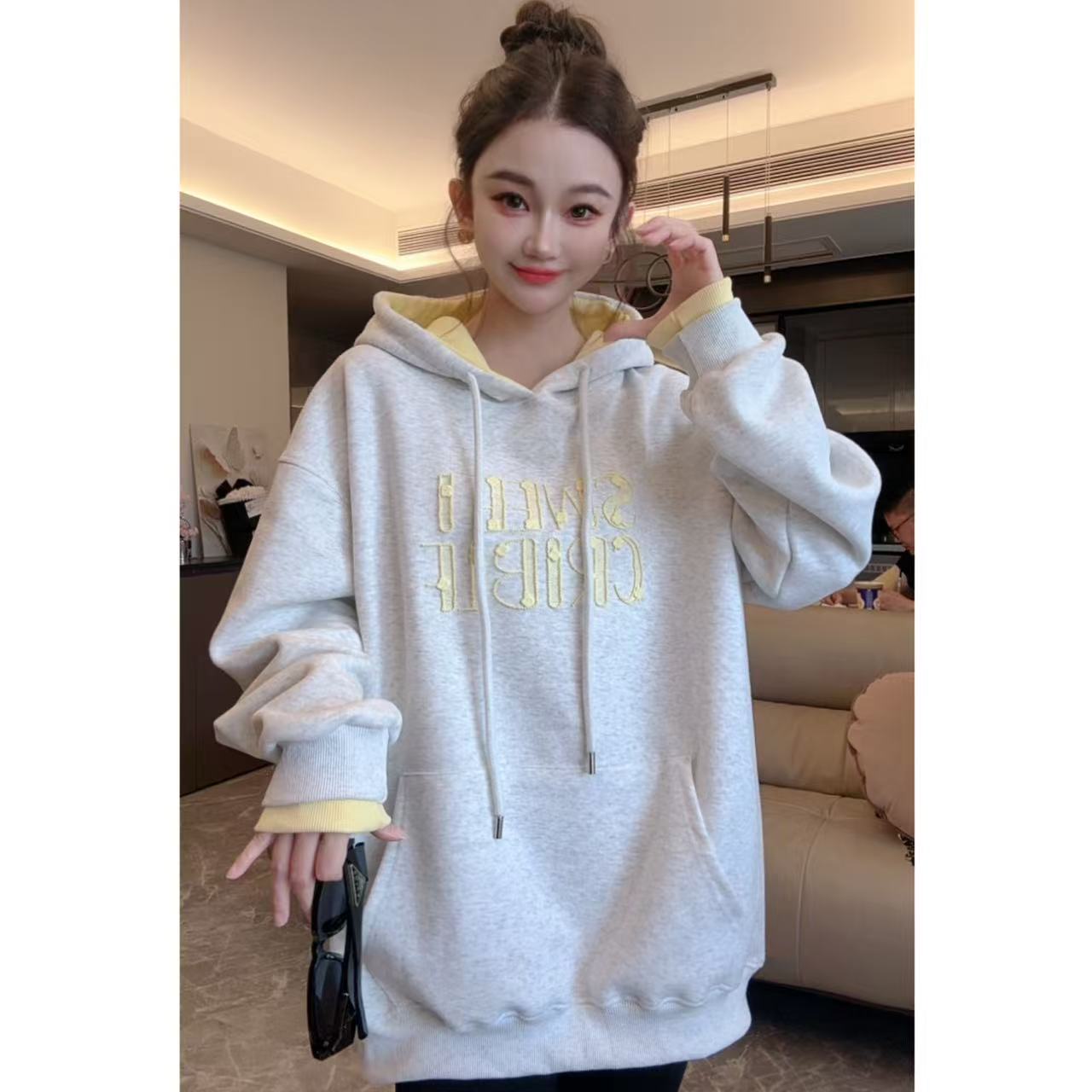 秋冬新款加绒连帽宽松套头字母刺绣卫衣2025秋冬撞色帽衫卫衣5008
