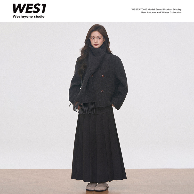 【11.6新品】WESTAYONE短款女毛呢外套带围巾通勤百搭+针织百褶长裙