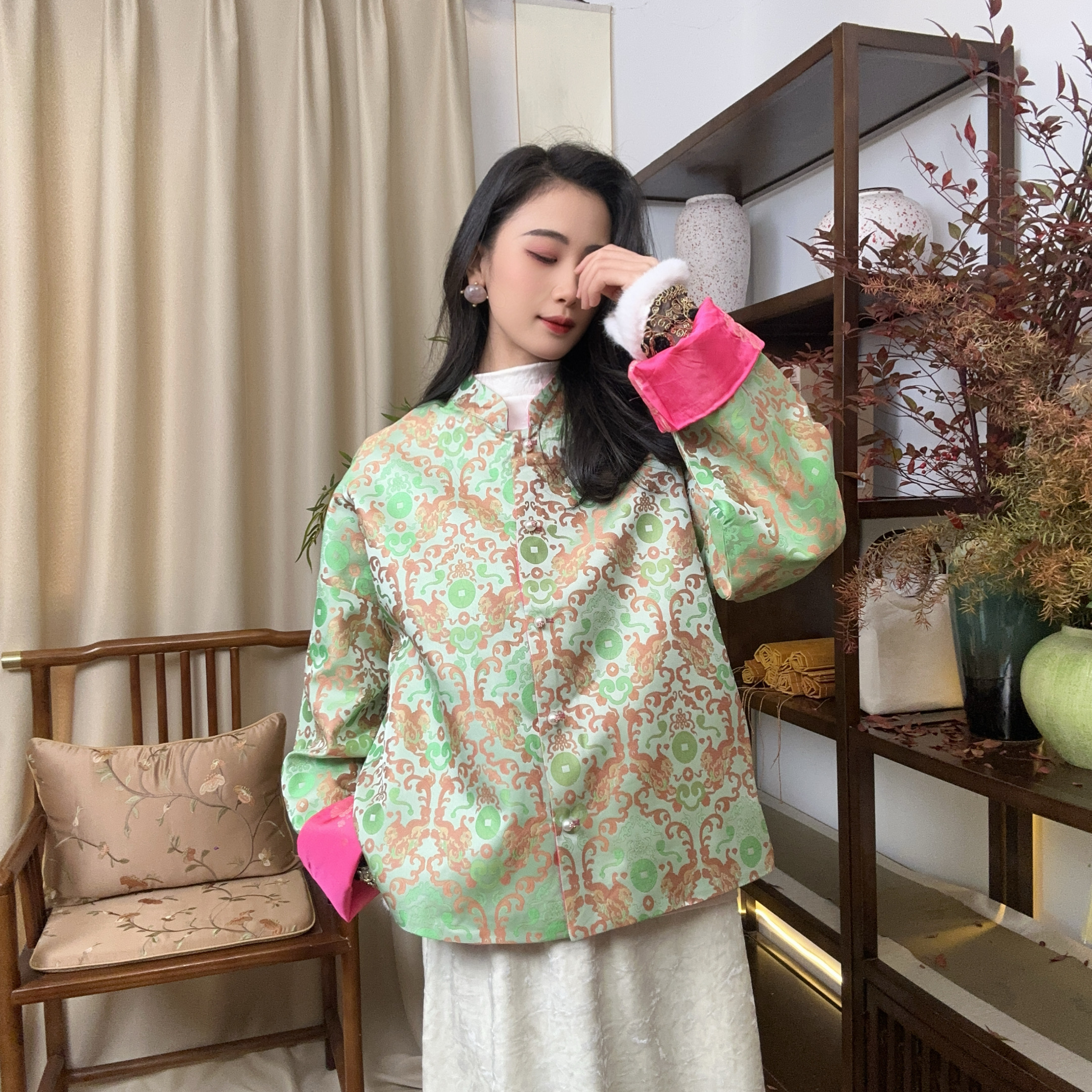 【沐苒】大幂幂新中式早春新款外套重磅高织桑蚕丝宋锦提花短外套