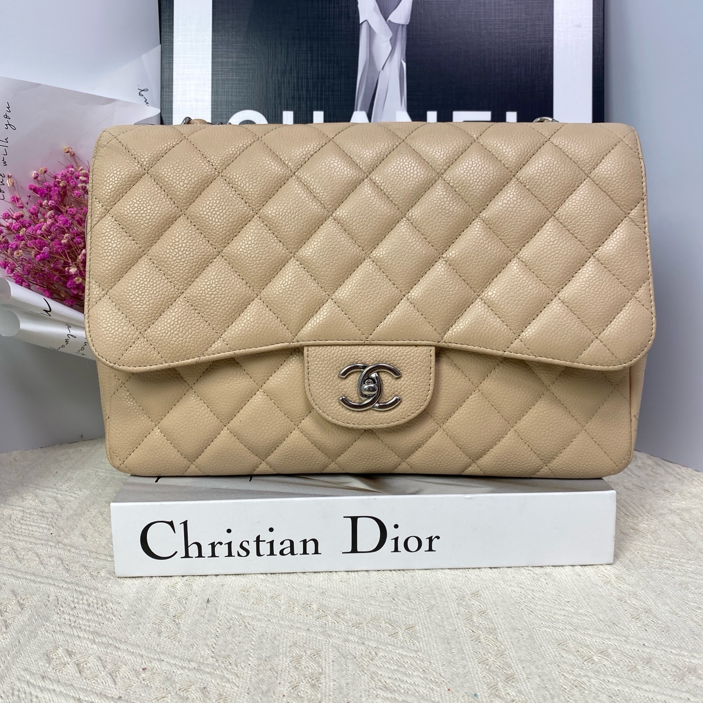 95新 Chanel/香奈儿  jumbo 大号cf  14开奶茶色单肩包16683916