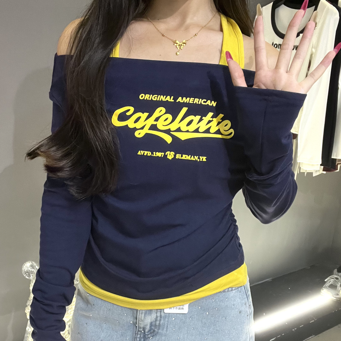 秋新款纯欲撞色挂脖假两件字母印花长袖T恤显瘦打底衫上衣462#