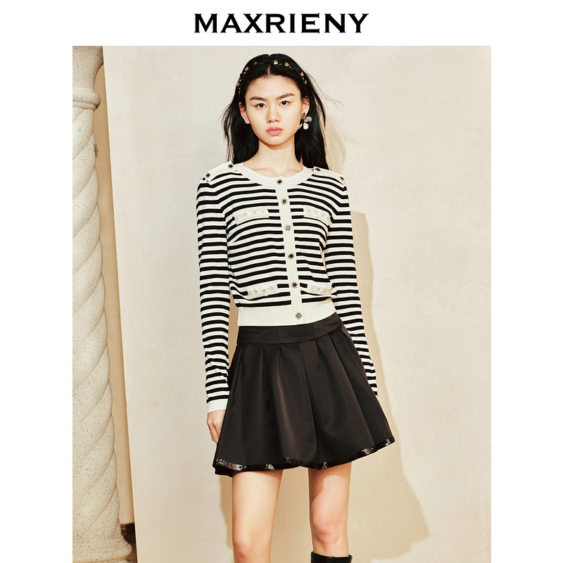 【达人专属】MAXRIENY奢华都市条纹小香风毛织外套