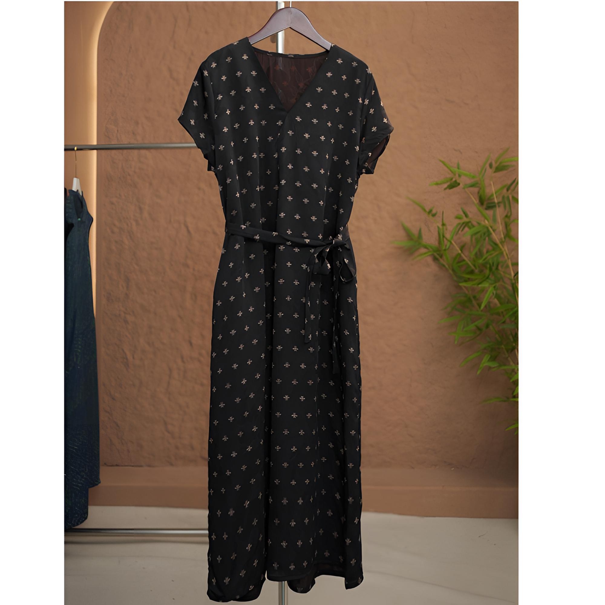 【小蜜蜂】1121款正品V领黑色休闲连衣裙设计师复古台湾纱连衣裙