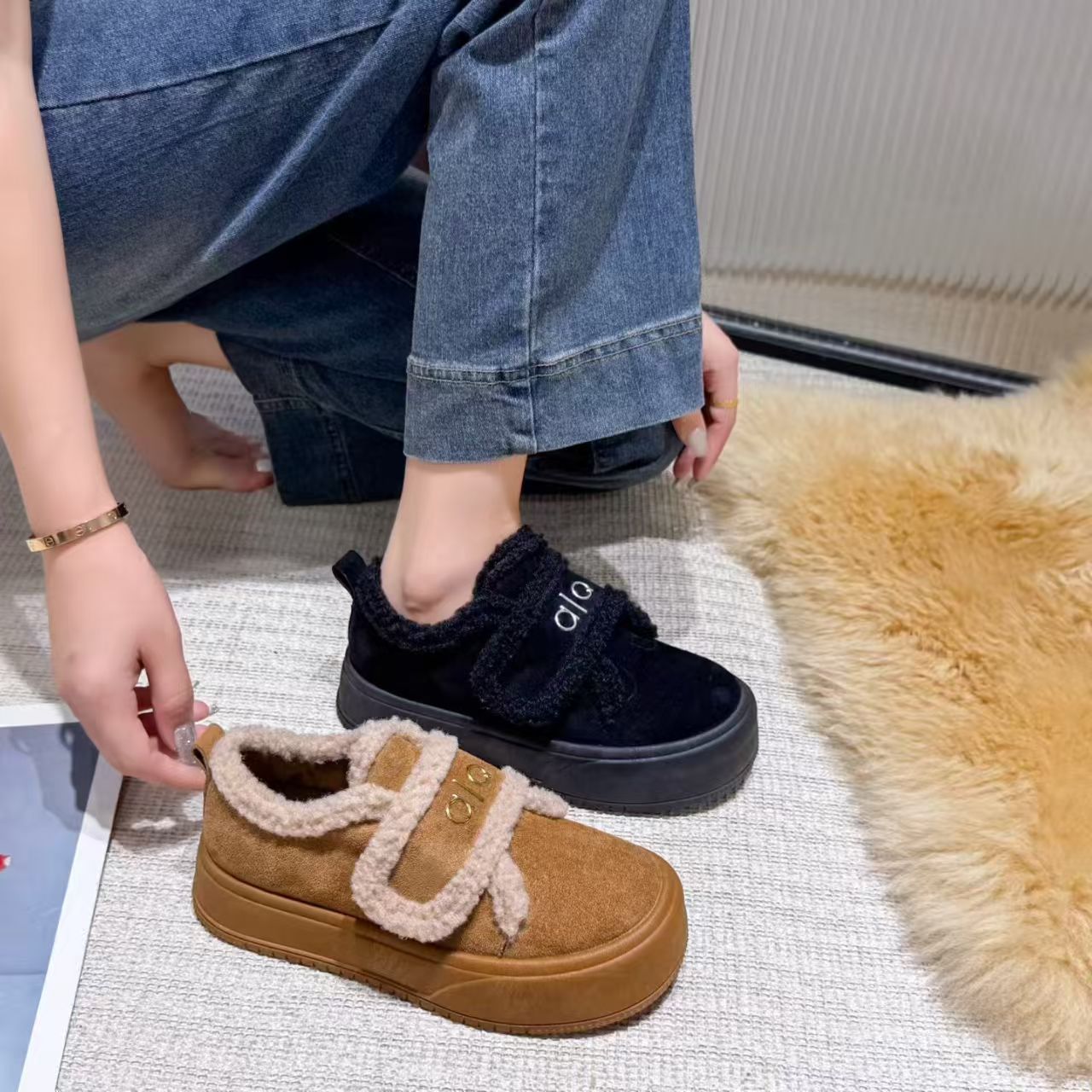 真皮美拉德加绒羊羔毛毛鞋女2025冬季新款大头魔术贴保暖松糕鞋