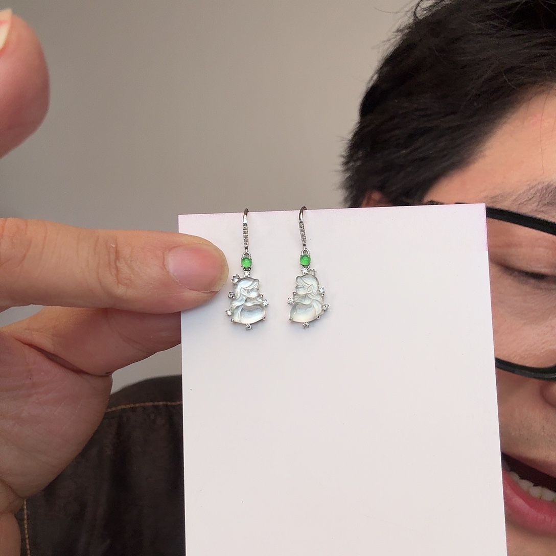 桔***茶翡翠18K金镶嵌颈饰一对